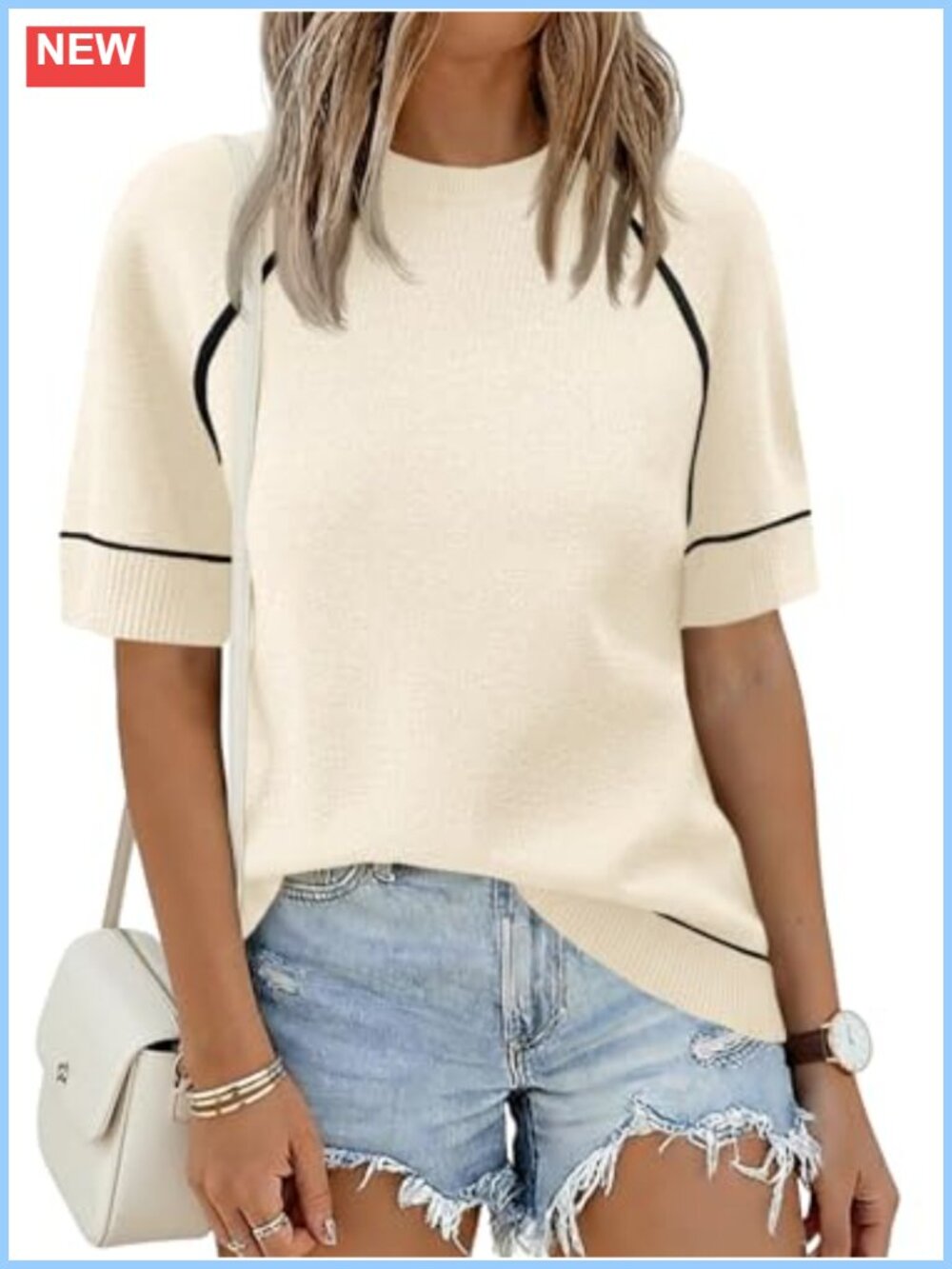 Women's Lightweight Knit Pullover Sweater Short Sleeve Crew Neck Striped
